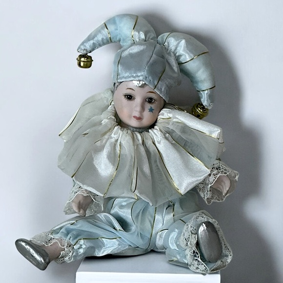 Porcelain Jester Harlequin Doll Blue Gold Silver Vintage Collectible 6 Inch - Picture 16 of 16